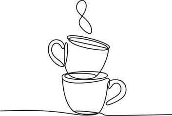 Continuous line art illustration of natural sketch contour forming stacked coffee mugs