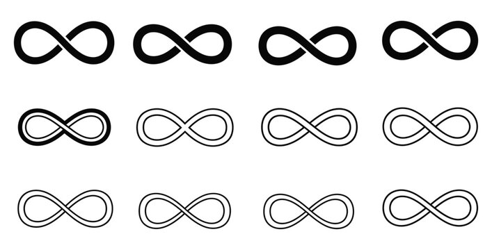 Collection of twelve distinct infinity symbols presented in black and white graphic variations for design use