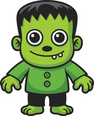 Cute cartoon Frankenstein monster character illustration in green outfit, adorable Halloween creature design perfect for kids, sticker, print, decoration
