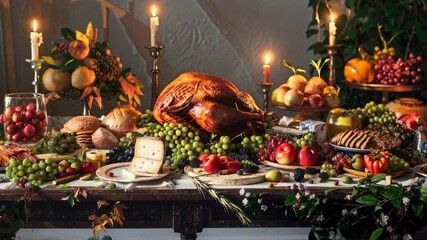 Festive harvest table with roasted turkey and autumn fruits