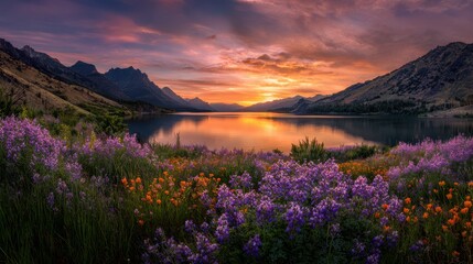 Vibrant sunset painting the sky over a tranquil mountain lake with wildflowers in the foreground.