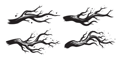 Fototapeta premium Stylized bare tree branches with an abstract grunge texture and ink splatter effect create a dynamic and artistic natural element design.