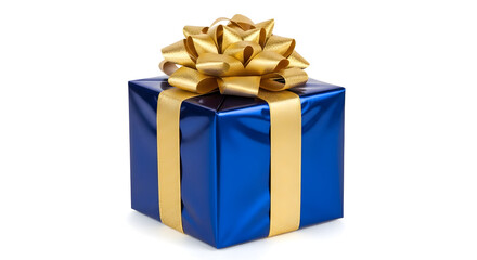 Obraz premium Luxurious royal blue gift box wrapped with shiny gold ribbon and large decorative bow isolated on white background