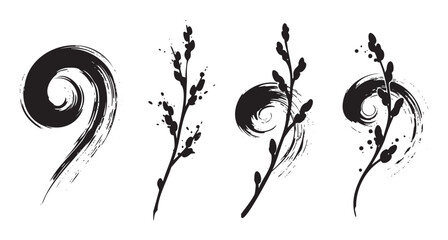 Artistic brushstrokes and stylized branches with buds create a harmonious and minimalist design set, perfect for various creative projects.