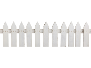 A short section of white wooden picket fence isolated on transparent background. Ideal for garden design, home décor visuals, landscaping elements, and outdoor illustration projects.