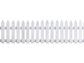 A short section of white wooden picket fence isolated on transparent background. Ideal for garden design, home d&eacute;cor visuals, landscaping elements, and outdoor illustration projects.