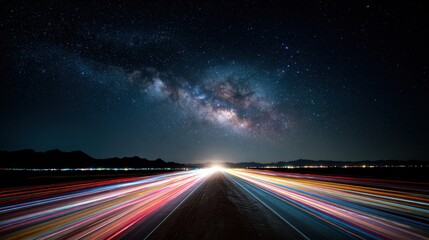 Starry night sky with the milky way galaxy over a desert highway featuring vibrant car light trails.