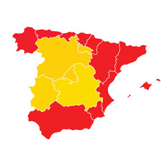 Map of Spain divided by regions red and yellow colors