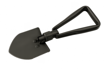 Black folding camping shovel tool on transparent background