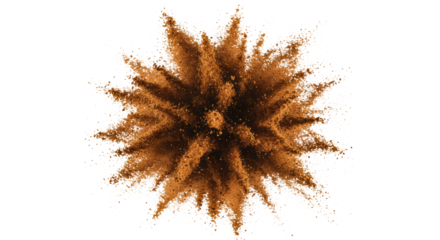 Ultra-detailed macro close-up of golden brown light roasted espresso powder erupting dramatically in a dynamic plume shape against a transparent void, high-key lighting, concept for beverage