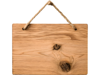 A rectangular wooden hanging message board with rope, isolated on transparent background. Great for rustic décor, signage design, café menus, labels, and natural-themed visuals