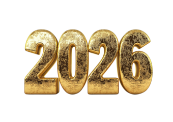 Three Dimensional Golden Numbers 2026 With Textured Surface isolated on a transparent background year