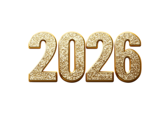 Glittering Gold Numbers 2026 With Subtle Texture isolated on a transparent background sparkling
