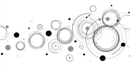 Abstract network pattern creating a dynamic connection web with orbiting circles and data points, illustrating global communication, digital technology, and scientific concepts in black and white