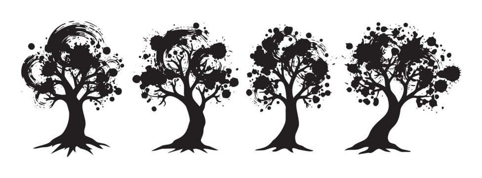 Four artistic ink splatter trees with abstract brush stroke foliage create a unique and expressive nature-inspired graphic design element.