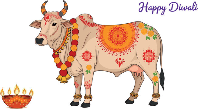 Highly decorated Indian cow (Kamdhenu/Gau Mata) adorned with traditional mehndi, garlands, and anklets, standing next to a burning diya, symbolizing the auspicious Hindu festival of Diwali.