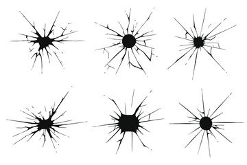 Collection of six realistic black cracked glass or window break impact effects