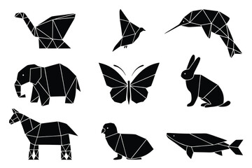 Geometric silhouette animals collection featuring elephant butterfly rabbit bird and more