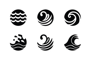  Set of six abstract black and white water wave icons and symbols