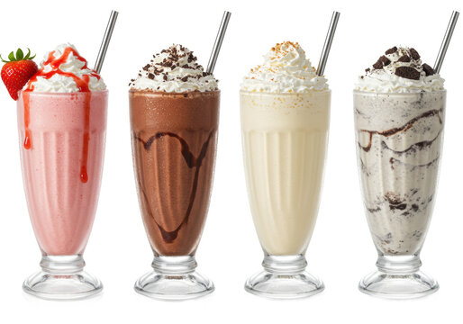 four heavily frosted vintage glasses holding strawberry, chocolate, vanilla, and cookies & cream craft milkshakes, rich toppings, silver straws, reflective surface, high-key studio product