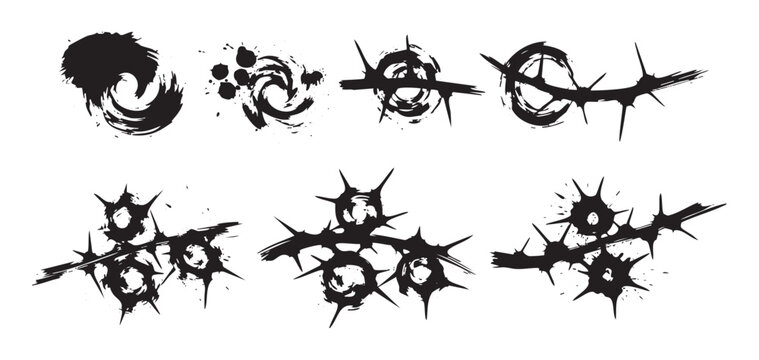 Abstract grunge ink brush stroke elements create a collection of distressed, thorny, and swirling graphic design assets with a bold, edgy aesthetic.