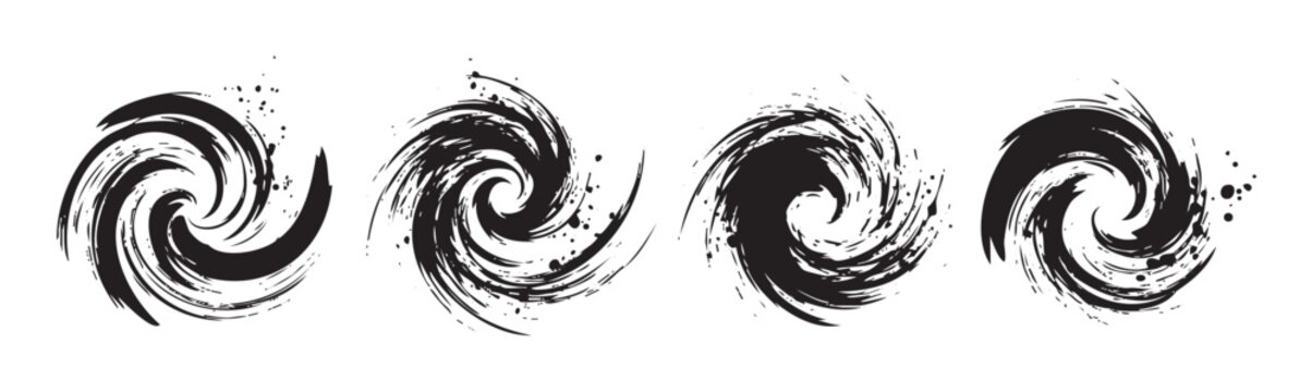 Black ink brush strokes create a set of four dynamic, abstract spiral and swirl designs with a grunge texture, perfect for artistic graphic elements.