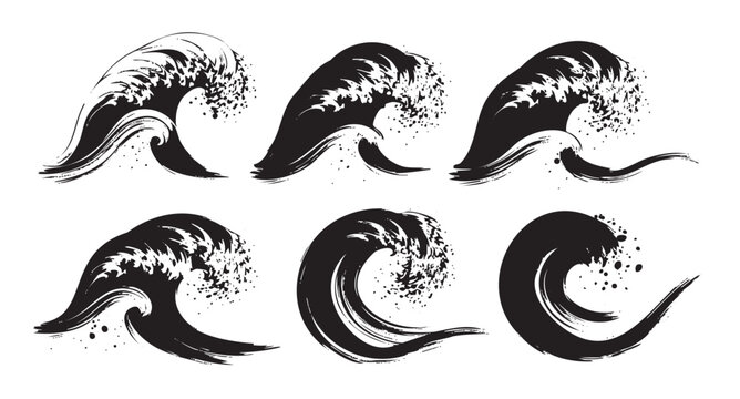 Black ink brush stroke waves in various dynamic forms capture the powerful movement and energy of the ocean in a traditional artistic style.