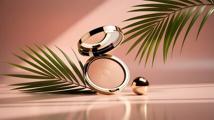 Luxurious bronzer compact with gold accents and tropical palm leaf against a soft pink background beauty and cosmetic concept