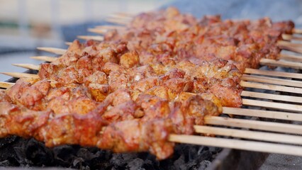 Juicy pork pieces on skewers, Tender and flavorful meat cooked over fire, Spiced meat skewers grilled to perfection at festive event, Delicious smoky pork bites served hot at lively outdoor food