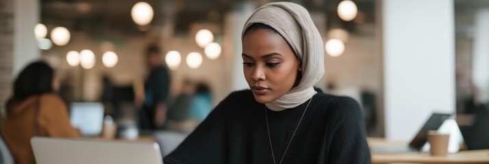 Focused young african female professional working on laptop in modern office