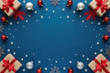 Christmas gifts with red ribbons and ornaments on deep blue background with snowflakes