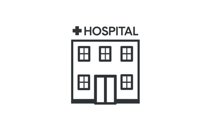 Minimalist black and white vector illustration of a hospital building. Ideal for healthcare, emergency services, clinics, pharmacies, and medical projects. Clean and professional design