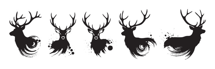 Obraz premium Six stylized deer silhouettes with artistic brushstroke details creating a collection of elegant and modern wildlife illustrations.