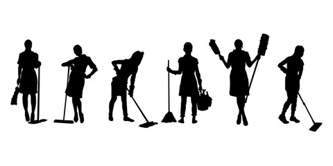 Silhouettes of cleaning staff, housekeepers and janitors with mops, brooms and cleaning tools. Vector set for housekeeping, cleaning services and professional maintenance themes.