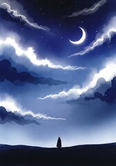 Solitary Figure Under Crescent Moon Night Sky