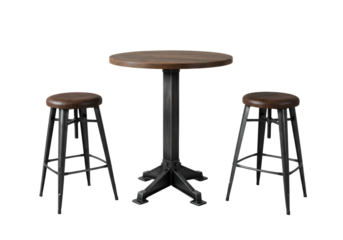high-end photorealistic studio shot of a distressed dark oak veneer round bar table and two aged brown faux leather industrial steel bar stools, isolated on a transparent background. concept for