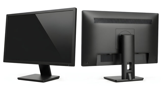 Black computer monitor shown from front and back angles displaying a blank screen and adjustable stand on white background
