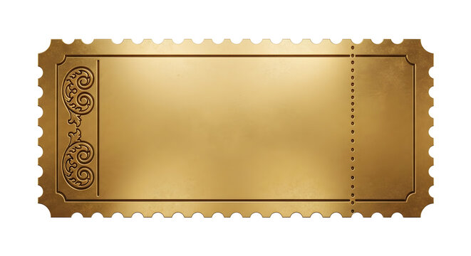 Blank golden vintage ticket with ornate scrollwork border and perforated stub isolated on white background for luxury events