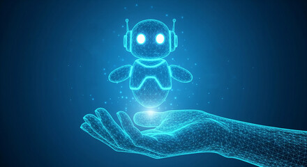 robot floating above hand on blue background
