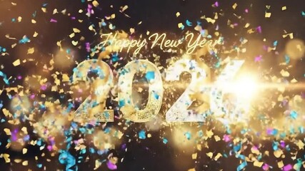 Happy new year 2026 celebration with sparkling gold and silver numbers, festive confetti, colorful ribbons, and glowing bokeh lights against a blurred background, perfect for greeting cards, invitatio