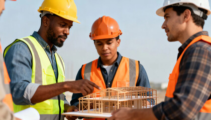 Foreman construction work team studying wooden house model with safety helmet and vest showing focused collaboration