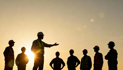 Construction foreman work leader giving safety briefing at sunset with crew listening attentively