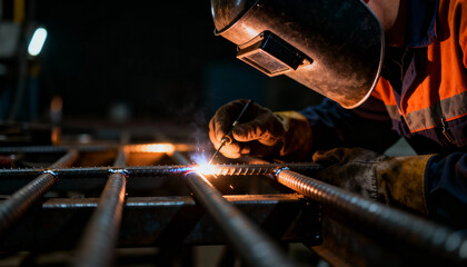 Foreman welding work metal rebar spark workshop protective helmet glove focused craftsman