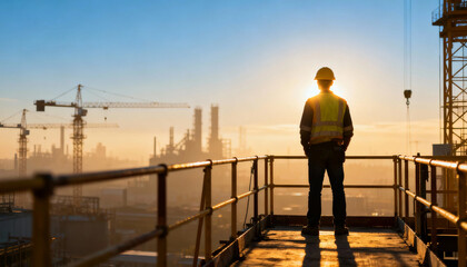 Foreman construction work sunrise silhouette on site safety vest helmet watching city skyline with cranes