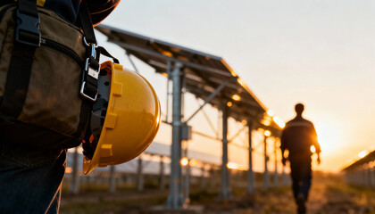Construction foreman work solar farm sunset safety helmet worker walking focused team