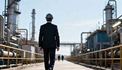 Foreman work engineer in suit walking at industrial plant inspecting pipelines and equipment with determined expression