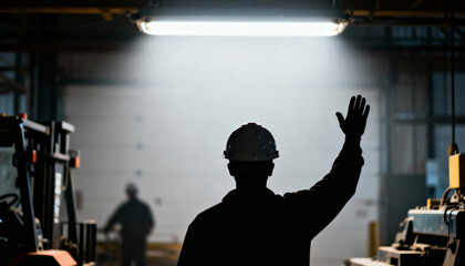 Silhouette foreman work worker raising hand in industrial warehouse under light signaling safety