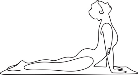 Continuous Line Art Illustration of a Yoga Cobra Posture on a Mat in Natural Sketch Contour