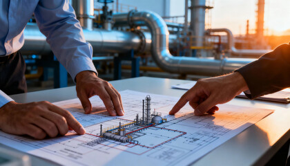 Foreman work industrial engineer planning refinery blueprint showing hands pointing at plant model with sunset lighting
