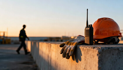 Foreman work gloves helmet radio on concrete at sunset highlighting safety and labor pride